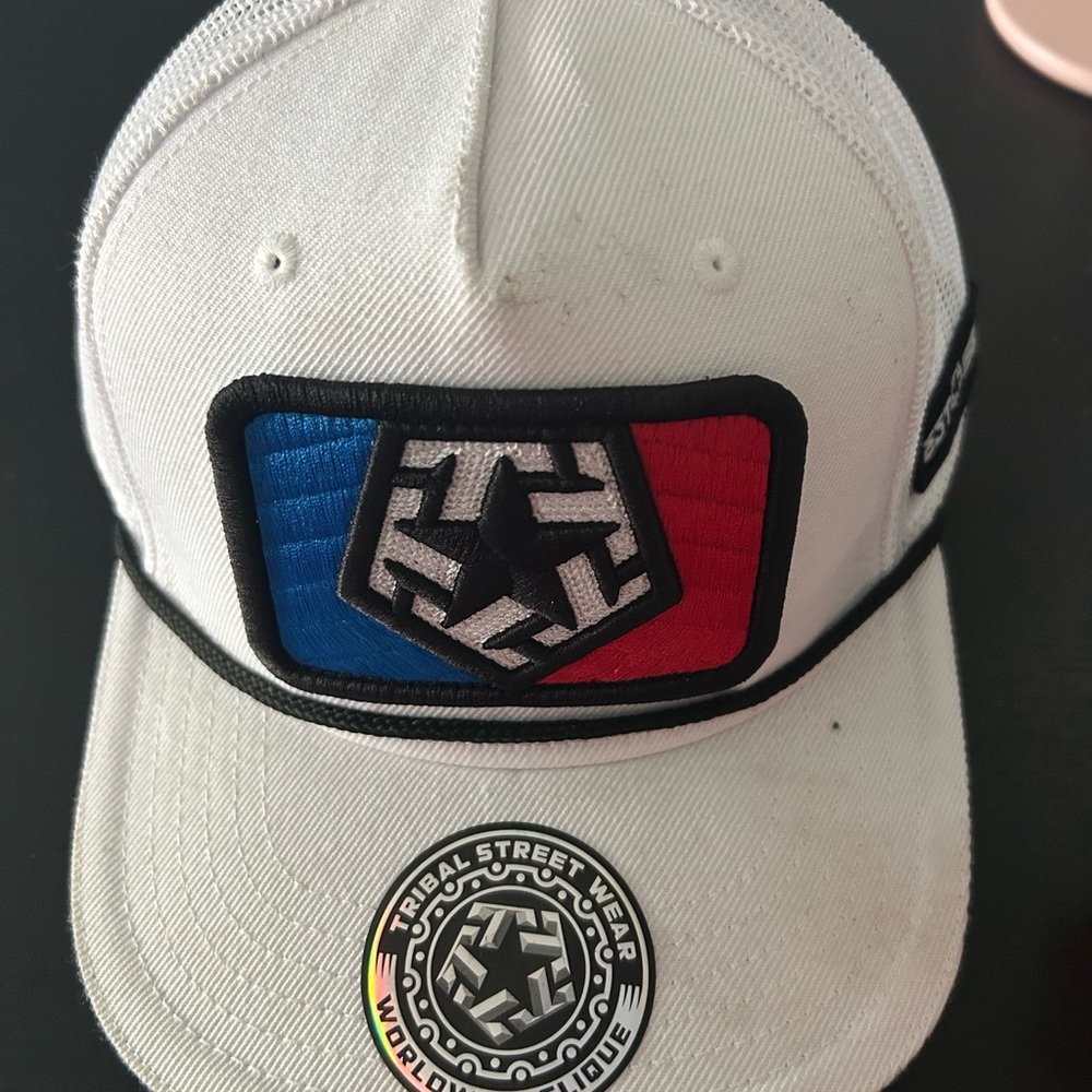 Tribal White Cap with Red and Blue Patch